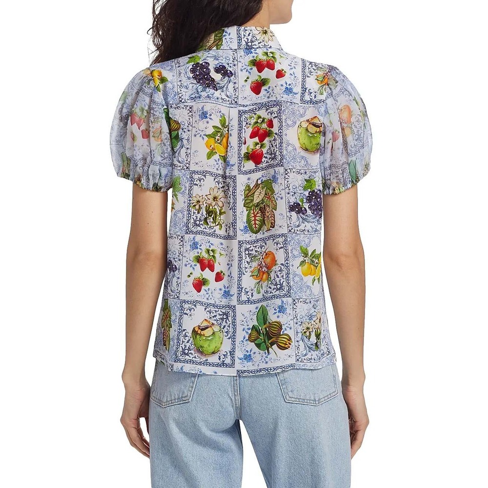 Alice + Olivia Willa Silk Puff Sleeve Blouse Fruit Market - Picture 8 of 16